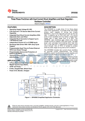 DRV8302 datasheet - Three Phase Pre-Driver with Dual Current Shunt Amplifiers and Buck Regulator  Hardware Controlled