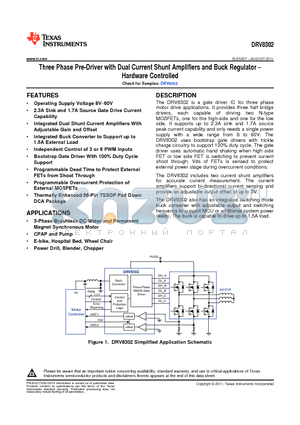 DRV8302DCAR datasheet - Three Phase Pre-Driver with Dual Current Shunt Amplifiers and Buck Regulator  Hardware Controlled