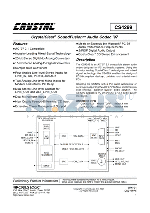 CS4299 datasheet - CrystalClear SoundFusion Audio Codec 97