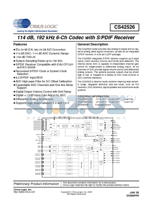 CS42526-DQZ datasheet - 114 dB, 192 kHz 6-Ch Codec with S/PDIF Receiver