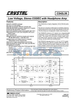 CS42L50 datasheet - Low Voltage, Stereo CODEC with headphone Amp