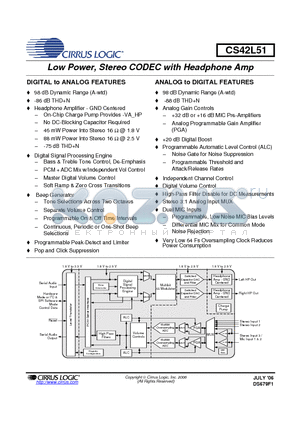 CS42L51-DNZR datasheet - Low Power, Stereo CODEC with Headphone Amp
