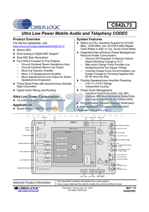 CS42L73-CRZR datasheet - Ultra Low Power Mobile Audio and Telephony CODEC