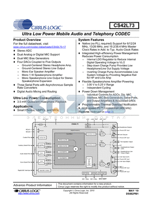 CS42L73-CWZR datasheet - Ultra Low Power Mobile Audio and Telephony CODEC