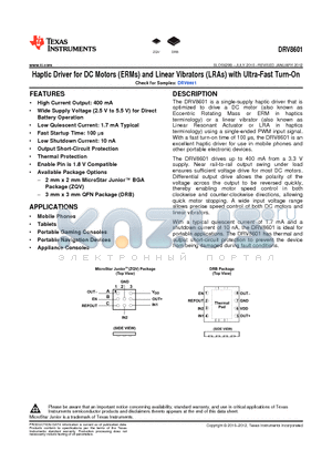 DRV8601 datasheet - Haptic Driver for DC Motors (ERMs) and Linear Vibrators (LRAs) with Ultra-Fast Turn-On