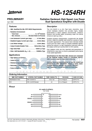 5962R9858101VXC datasheet - Radiation Hardened, High Speed, Low Power Dual Operational Amplifier with Disable