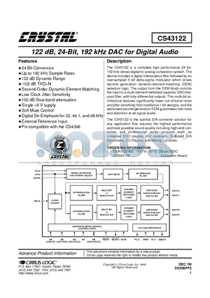 CS43122 datasheet - 122dB, 24-Bit, 192kHz DAC for Digital Audio