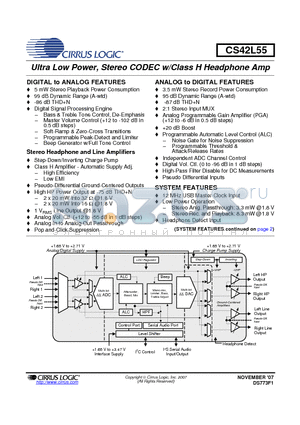 CS42L55-CNZ datasheet - Ultra Low Power, Stereo CODEC w/Class H Headphone Amp