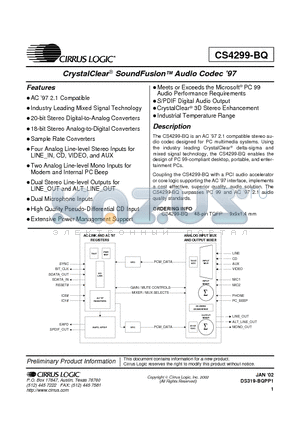 CS4299-BQ datasheet - CrystalClear SoundFusion Audio Codec 97