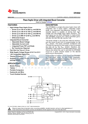 DRV8662RGPT datasheet - Piezo Haptic Driver with Integrated Boost Converter