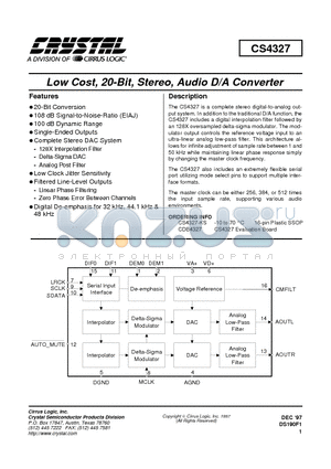 CS4327-KS datasheet - Low Cost, 20-Bit, Stereo, Audio D/A Converter