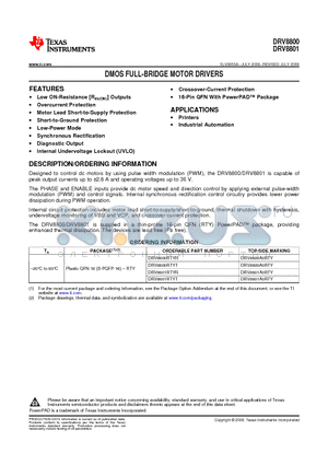 DRV8801A0RTY datasheet - DMOS FULL-BRIDGE MOTOR DRIVERS