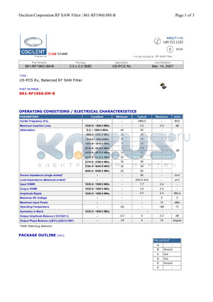 861-RF1960.0M-B datasheet - US-PCS Rx, Balanced RF SAW Filter