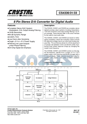 CS4333-BS datasheet - 8 Pin Stereo D/A Converter for Digital Audio