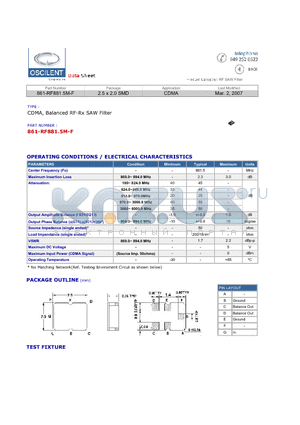 861-RF881.5M-F datasheet - CDMA, Balanced RF-Rx SAW Filter