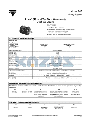 860B120KBO10 datasheet - 1 13/16inch (46 mm) Ten Turn Wirewound, Bushing Mount