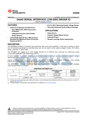 DRV8804DW datasheet - QUAD SERIAL INTERFACE LOW-SIDE DRIVER IC