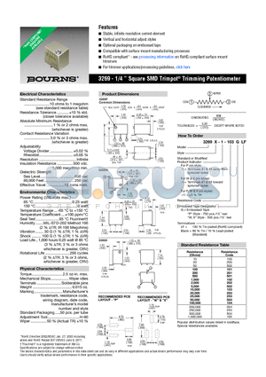 3269X-1-203 datasheet - 3269 - 1/4  Square SMD Trimpot^ Trimming Potentiometer