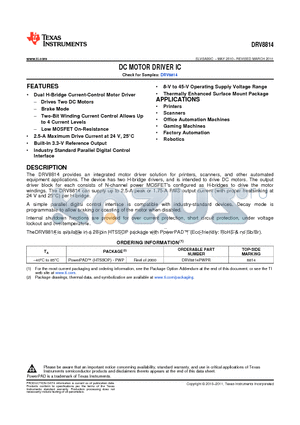 DRV8814PWPR datasheet - DC MOTOR DRIVER IC 2.5-A Maximum Drive Current at 24 V, 25`C