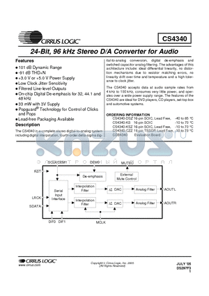 CS4340-KSZ datasheet - 24-Bit, 96 kHz Stereo DAC for Audio