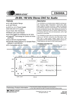 CS4340A datasheet - 24-Bit, 192 kHz Stereo DAC for Audio