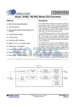 CS4345-CZZ datasheet - 10-PIN, 24-BIT, 192KHz STEREO D/A CONVERTER