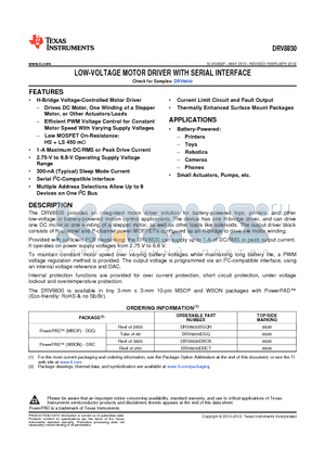 DRV8830 datasheet - LOW-VOLTAGE MOTOR DRIVER WITH SERIAL INTERFACE