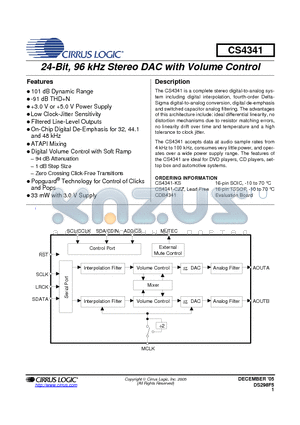 CS4341-KS datasheet - 24-Bit, 96 kHz Stereo DAC with Volume Control