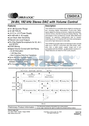 CS4341A datasheet - 24-Bit, 192 kHz Stereo DAC with Volume Control