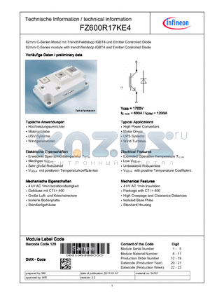 FZ600R17KE4 datasheet - 62mm C-Series module with trench/fieldstopp IGBT4 and Emitter Controlled Diode