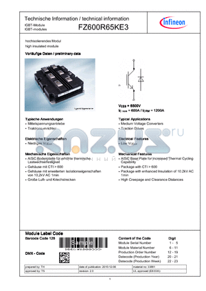 FZ600R65KE3 datasheet - high insulated module