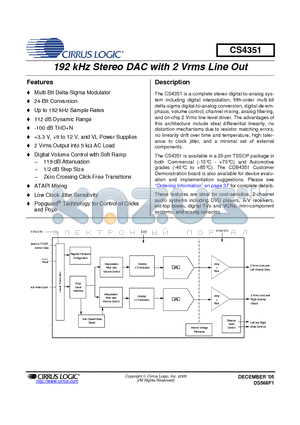 CS4351_05 datasheet - 192 kHz Stereo DAC with 2 Vrms Line Out