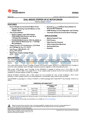 DRV8834PWPR datasheet - DUAL BRIDGE STEPPER OR DC MOTOR DRIVER