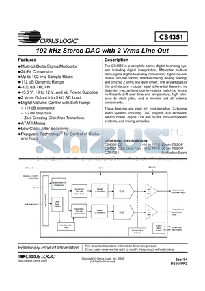 CS4351-CZ datasheet - 192 kHz STEREO DAC WITH 2 Vrms LINE OUT