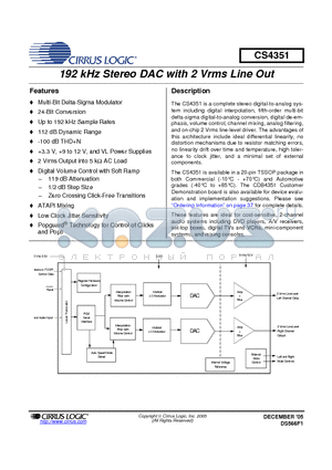 CS4351-CZZ datasheet - 192 kHz Stereo DAC with 2 Vrms Line Out