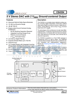 CS4354 datasheet - 5 V Stereo DAC with 2 VRMS Ground-centered Output