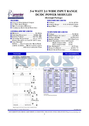 E1A24S05NX datasheet - 5-6 WATT 2:1 WIDE INPUT RANGE DC/DC POWER MODULES (Rectangle Package)