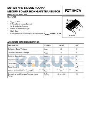 FZT1047A datasheet - NPN SILICON PLANAR MEDIUM POWER HIGH GAIN TRANSISTOR