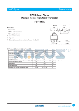 FZT1047A datasheet - NPN Silicon Planar Medium Power High Gain Transistor