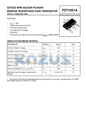 FZT1051A datasheet - NPN SILICON PLANAR MEDIUM POWER HIGH GAIN TRANSISTOR