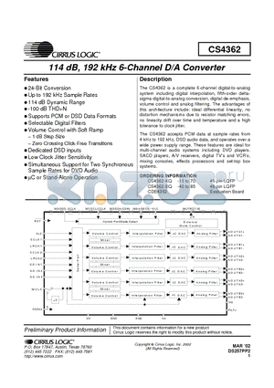 CS4362 datasheet - 114 dB, 192 kHz 6-Channel D/A Converter