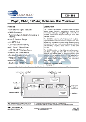 CS4361 datasheet - 20-pin, 24-bit, 192 kHz, 6-channel D/A Converter