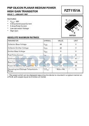 FZT1151A datasheet - PNP SILICON PLANAR MEDIUM POWER HIGH GAIN TRANSISTOR