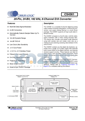 CS4361 datasheet - 20-Pin, 24-Bit, 192 kHz, 6-Channel D/A Converter