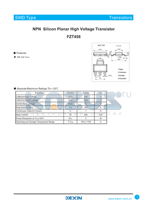 FZT458 datasheet - NPN Silicon Planar High Voltage Transistor
