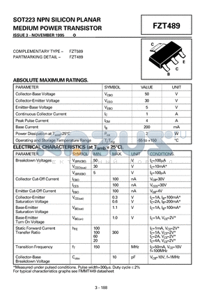 FZT489 datasheet - SOT223 NPN SILICON PLANAR MEDIUM POWER TRANSISTOR