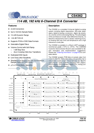 CS4362-KQZ datasheet - 114 dB, 192 kHz 6-Channel D/A Converter