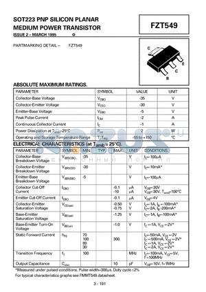 FZT549 datasheet - SOT223 PNP SILICON PLANAR MEDIUM POWER TRANSISTOR