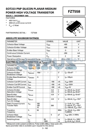 FZT558 datasheet - PNP SILICON PLANAR MEDIUM POWER HIGH VOLTAGE TRANSISTOR