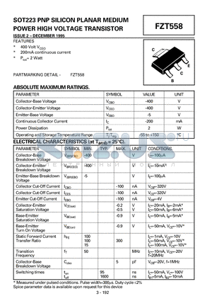 FZT558 datasheet - SOT223 PNP SILICON PLANAR MEDIUM POWER HIGH VOLTAGE TRANSISTOR